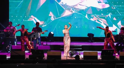 Sarah Geronimo wears a shimmering peach gown in Dubai in September 2018. Courtesy Amato