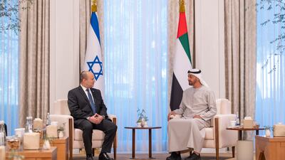 Sheikh Mohamed bin Zayed, Crown Prince of Abu Dhabi and Deputy Supreme Commander of the Armed Forces, meets Israeli Prime Minister Naftali Bennett at Al Shati Palace. Photo: Mohamed Al Hammadi / Ministry of Presidential Affairs