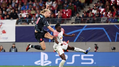 Erling Haaland of Manchester City and Castello Lukeba of RB Leipzig battle. Getty
