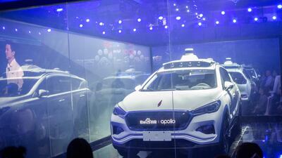 The Baidu Apollo autonomous car is displayed during the annual Baidu World Technology Conference in Beijing on November 1, 2018. Fred Dufour / AFP