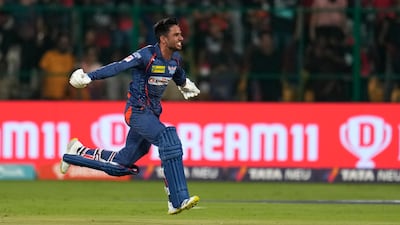 Lucknow Super Giants' Ravi Bishnoi celebrates the last-ball win over Royal Challengers Bangalore at the Chinnaswamy Stadium in Bengaluru on Monday, April 10, 2023. AP
