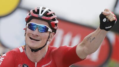 Germany's Andre Greipel celebrates as he crosses the finish line to win the the 15th stage of the Tour de France, which covered 183 kilometres from Mende to Valence, France, on July 19, 2015. Laurent Cipriani / AP Photo