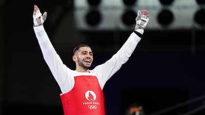 Jordan's Zaid Kareem following his Men's Taekwondo -68kg semi final contest victory over Great Britain's Bradly Sinden at the Grand Palais on the thirteenth day of the 2024 Paris Olympic Games in France. Picture date: Thursday August 8, 2024. PA Photo. Photo credit should read: Mike Egerton/PA Wire. RESTRICTIONS: Use subject to restrictions. Editorial use only, no commercial use without prior consent from rights holder.