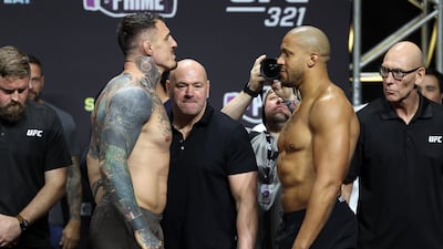 Tom Aspinall and Ciryl Gane, right, during their ceremonial weigh-in ahead of their heavyweight fight at UFC 321 at the Etihad Arena in Abu Dhabi. All images Chris Whiteoak / The National
