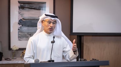 Emaar's Mohamed Alabbar, founder and chairman of private investment and real estate development company Eagle Hills, at a press conference in Dubai with government representatives from the Maldives. Antonie Robertson / The National