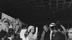 Queen Elizabeth II with Sheikh Rashid bin Saeed, centre left, at the inauguration of the Dubai World Trade Centre in February 1979. Getty Images