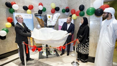 The unveiling of the buddy bear "Sadeeq" with Ambassador of Federal Republic of Germany Peter Fischer, Felix Beck, design professor of NYUAD and Alanoud Hindi Alshamsi. All Photos by Ruel Pableo for The National