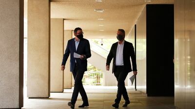 Victorian Premier Daniel Andrews, left, and Victorian Health Minister Martin Foley arrive to speak to the media during a press conference in Melbourne, Australia. Victoria has recorded one locally acquired Covid-19 case in the past 24 hours. Getty Images