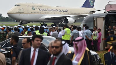 The plane carrying Saudi Arabia's King Salman bin Abdul Aziz lands at Halim airport in Jakarta on March 1, 2017. King Salman on March 1 began the first visit by a Saudi monarch to Indonesia in almost 50 years, seeking to strengthen economic ties with the world's most populous Muslim-majority country. AFP