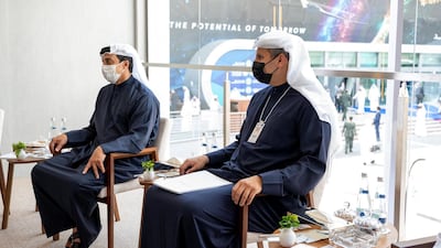 Sheikh Mansour bin Zayed, Deputy Prime Minister and Minister of Presidential Affairs, and Khaldoon Mubarak, chairman of the Executive Affairs Authority and chief executive of Mubadala Investment Company, attend a meeting at Idex. Courtesy: Sheikh Mohamed bin Zayed Twitter