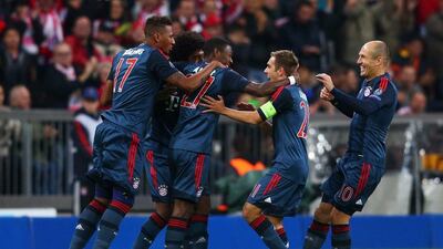 David Alaba, third from left, was excellent all night scoring a goal and an assist against CSKA Moscow. Alex Grimm / Bongarts / Getty Images
