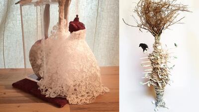 Mannequins dressed and designed by Amna Al Blooshi, left, and Jalal Luqman for the exhibition and auction Dress the Mannequin. Courtes Amna Al Blooshi; courtesy Jalal Luqman