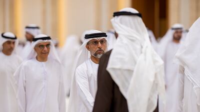 President Sheikh Mohamed receives condolences from Suhail Al Mazrouei, Minister of Energy and Infrastructure, on the passing of Sheikh Tahnoon bin Mohammed, Ruler's Representative in Al Ain Region, at Al Mushrif Palace. Ryan Carter / UAE Presidential Court