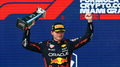 Max Verstappen celebrates celebrates on the podium after winning the Miami Grand Prix at Miami International Autodrome on May 7, 2023. AFP
