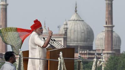 Indian prime minister Narendra Modi delivers his first Independence Day speech from the Red Fort in New Delhi on August 15, 2014. Harish Tyagi / EPA