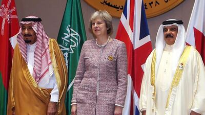 British prime minister Theresa May with Saudi King Salman, left, and King of Bahrain, Hamad bin Issa Al Khalifa, at the GCC summit in Manama. AFP