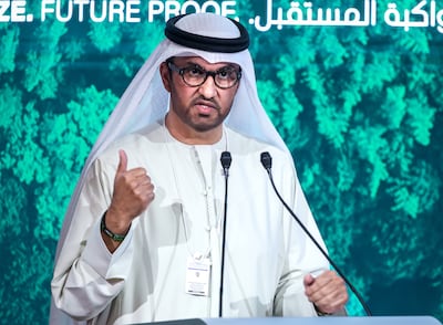 Dr Sultan Al Jaber, Cop28 head and Minister of Industry and Advanced Technology, delivers the keynote address at the recent UAE Climate Tech conference. Victor Besa / The National