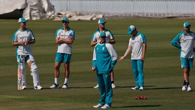 Pat Cummins, second left, and teammates attend a practice session in Rawalpindi. AP