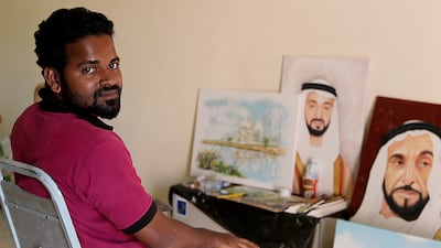 Shibu Purayin’s works include Emirati Royalty and landscapes. The painter says he uses his art to express his gratitude for the opportunities life in the UAE has afforded him while a friend says the artist has downplayed his considerable creative talents. Satish Kumar / The National