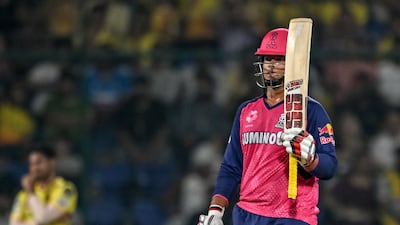 Rajasthan Royals' Vaibhav Suryavanshi celebrates after scoring a half-century against Chennai Super Kings. AFP