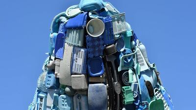 A detail of a 12-metre installation depicting a whale, made up of five tons of plastic waste pulled out of the Pacific Ocean, is pictured in Bruges for the 2018 Bruges Triennial. John Thys / AFP