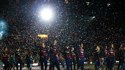 FC Barcelona players celebrate at Camp Nou a day after winning the Copa del Rey final against Sevilla. Pau Barrena / AFP Photo