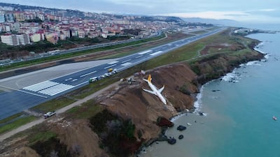 A Pegasus Airlines aircraft is pictured after it skidded off the runway at Trabzon airport by the Black Sea in Trabzon, Turkey. Ihlas News Agency (IHA) via Reuters