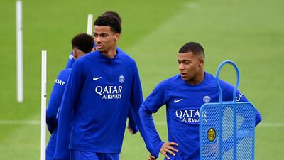 PSG forwards Hugo Ekitike and Kylian Mbappe at training. AFP