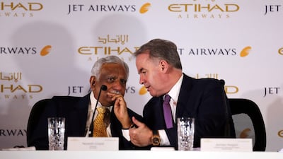 Chairman of Jet Airways, Naresh Goyal, with James Hogan, president and chief executive of Etihad Airways, during a press conference in New Delhi. Money Sharma / EPA