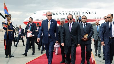 Mr Erdogan, left, on his first visit to Egypt in 11 years, with Mr El Sisi. AP