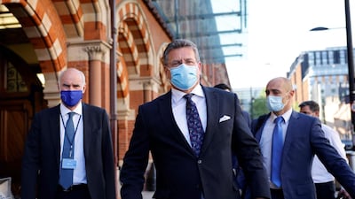 European Commission vice-president Maros Sefcovic, centre, arrives in London prior to post-Brexit talks on the Northern Ireland protocol with his UK counterpart David Frost. AFP.