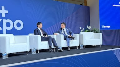 Omran Sharaf, left, UAE assistant foreign minister, discusses the country's cyber security efforts with SCSP chief executive Ylli Bajraktari in Washington.
