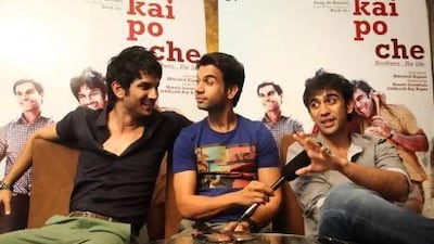 From left, Sushant Singh Rajput, Raj Kumar Yadav and Amit Sadh play the lead roles in Kai Po Che, which will be out in the UAE on Thursday. Lee Hoagland / The National