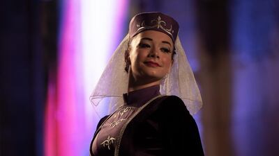 A Circassian dancer from Al-Jeel Al-Jadeed Club (the New Generation Club) performs during the 2019 Jerash Festival of Culture and Arts at the Jerash archeological site, Jerash, some 46 km North of Amman, Jordan. EPA