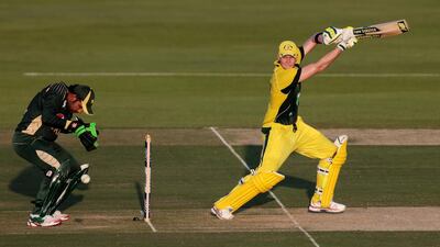 Steve Smith, right, of Australia bats against Pakistan during the third one-day international at Sheikh Zayed Stadium in Abu Dhabi on October 12, 2014. Christopher Pike / The National