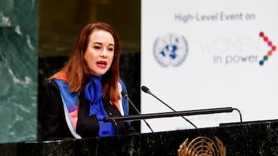 President of the UN General Assembly, Maria Fernanda Espinosa, speaks during the high-level event 'Women in Power' in the General Assembly Hall at the United Nations headquarters in New York, New York, USA, 12 March 2019. EPA