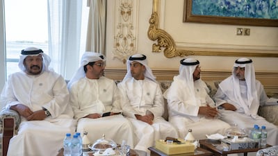From left to right: Sheikh Saeed bin Mohammed, Sheikh Hamed bin Zayed, Chairman of the Crown Prince Court of Abu Dhabi and Abu Dhabi Executive Council Member, HH Sheikh Khaled bin Zayed, Chairman of the Board of Zayed Higher Organization for Humanitarian Care and Special Needs (ZHO), Sheikh Mohamed bin Butti and Sheikh Nahyan bin Mubarak, UAE Minister of State for Tolerance, attend a Sea Palace barza. Courtesy Crown Prince Court - Abu Dhabi