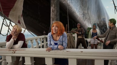 Taz Skylar as Sanji, Emily Rudd as Nami, Jacob Romero as Usopp, Charithra Chandran as Miss Wednesday, Mackenyu as Roronoa Zoro in season 2 of One Piece. Photo: Netflix