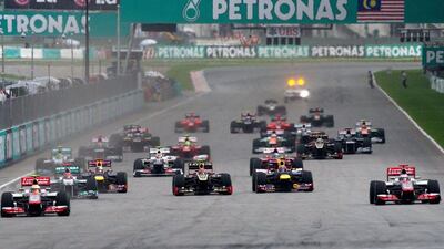 This file picture taken on March 25, 2012 shows Formula One cars at the start of that season's Malaysia Grand Prix at the Sepang International Circuit in Sepang. Malaysia may scrap its Formula One race after 2018 due to mounting costs. Saeed Khan / AFP