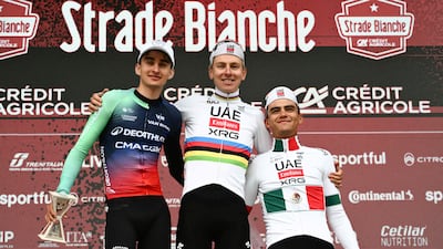 Left to right: Decathlon CMA CGM's French Paul Seixas, UAE Team Emirates XRG's Tadej Pogacar and Isaac Del Toro on the podium. AFP