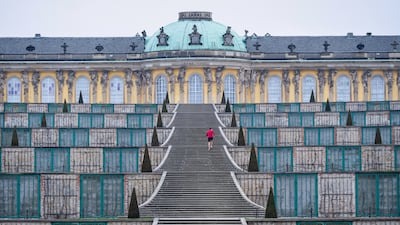 A jogger runs up the steps of drought-affected vineyard terraces towards Sanssouci Palace in Potsdam, near Berlin. AP