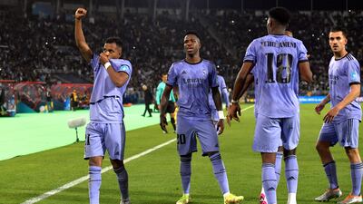 Real Madrid's Rodrygo, left, Vinicius Junior and Aurelien Tchouameni celebrate. EPA