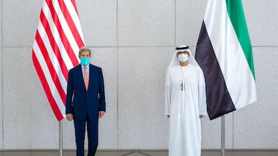 US Special Presidential Envoy for Climate John Kerry with Dr Sultan Al Jaber, the Special Envoy for Climate Change and Minister of Industry and Advanced Technology in Abu Dhabi. The US envoy met with his UAE counterpart as he returned to the capital. Wam
