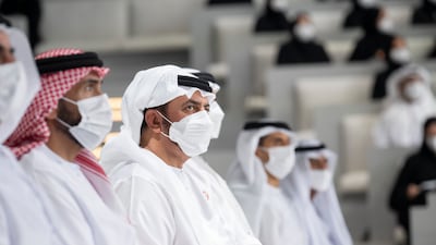 Sheikh Hamdan bin Zayed, Ruler’s Representative in Al Dhafra Region (2nd L), attends the lecture at Majlis Mohamed bin Zayed.