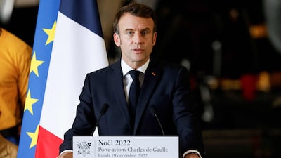 French President Emmanuel Macron on the French aircraft carrier Charles de Gaulle, sailing between the Suez canal and the Red Sea on Tuesday. AFP