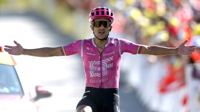 Richard Carapazcelebrates after winning Stage 18 of the 2026 Tour de France. EPA