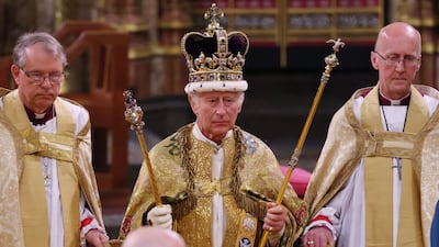 King Charles III stands after being crowned during his coronation at Westminster Abbey last year. Getty