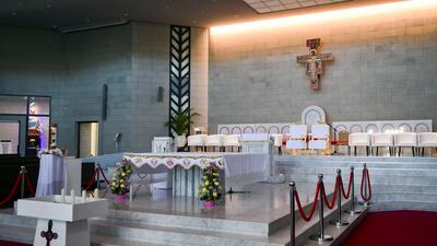 Arrangements inside the Cathedral of our Lady of Arabia for the visit. Khushnum Bhandari / The National