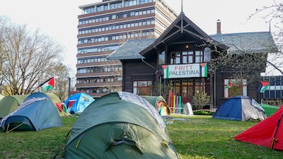 A tent camp at the University of Oslo in solidarity with the Palestinian people, in Oslo, Norway. EPA