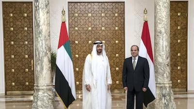 Sheikh Mohamed bin Zayed Al Nahyan, Crown Prince of Abu Dhabi and Deputy Supreme Commander of the UAE Armed Forces stands for a photograph with Abdel Fattah El Sisi, President of Egypt, at the Heliopolis Palace. Rashed Al Mansoori / Crown Prince Court - Abu Dhabi